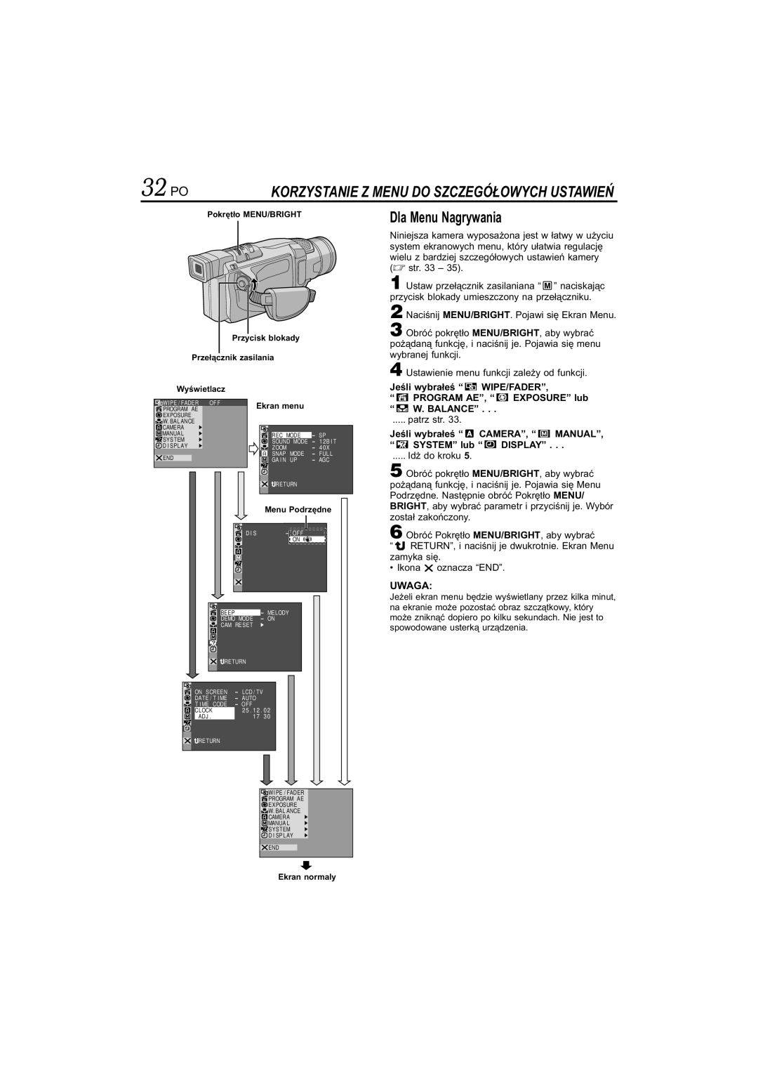 JVC GR-DVL145 manual 32 PO, Dla Menu Nagrywania, Jeśli wybrałeś WIPE/FADER Program AE, Exposure lub Balance 