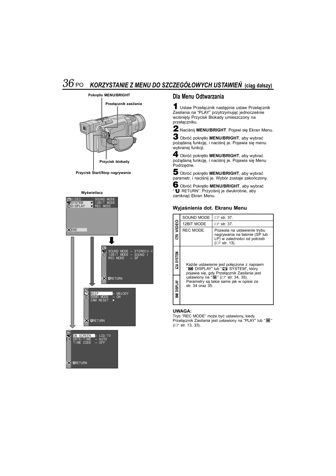 JVC GR-DVL145 manual Dla Menu Odtwarzania, PO Korzystanie Z Menu do Szczegółowych Ustawień ciąg dalszy 