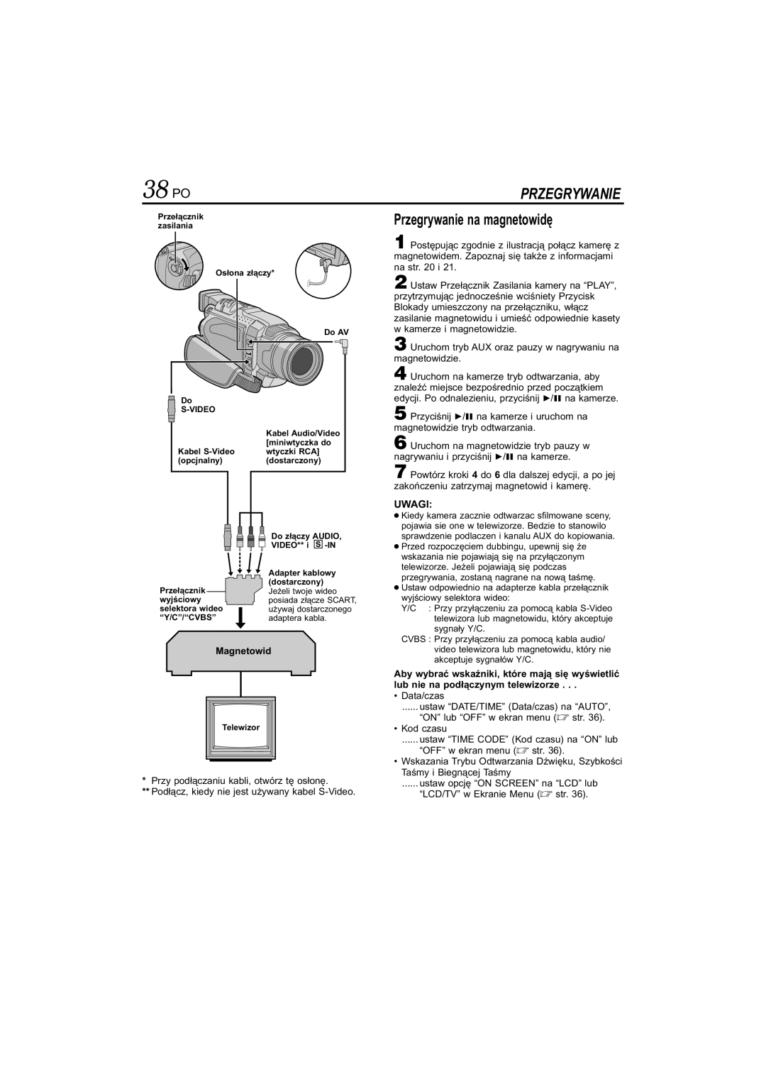 JVC GR-DVL145 manual 38 PO, Przegrywanie na magnetowidę 