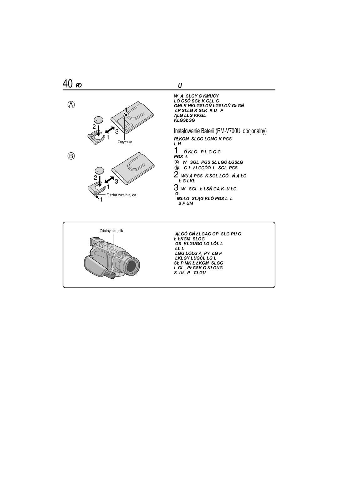 JVC GR-DVL145 manual 40 PO, Instalowanie Baterii RM-V700U, opcjonalny, Fiszka zwalniająca Zdalny czujnik 