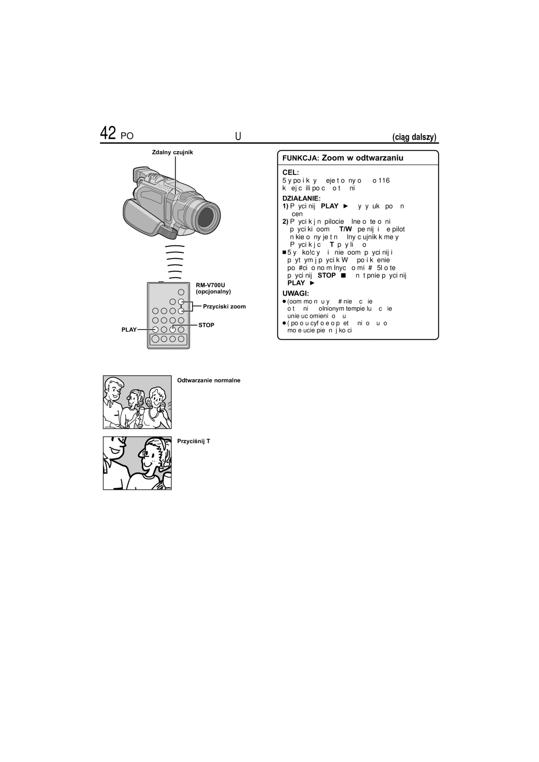 JVC GR-DVL145 manual 42 PO, Funkcja Zoom w odtwarzaniu, Przyciski zoom, Odtwarzanie normalne Przyciśnij T 