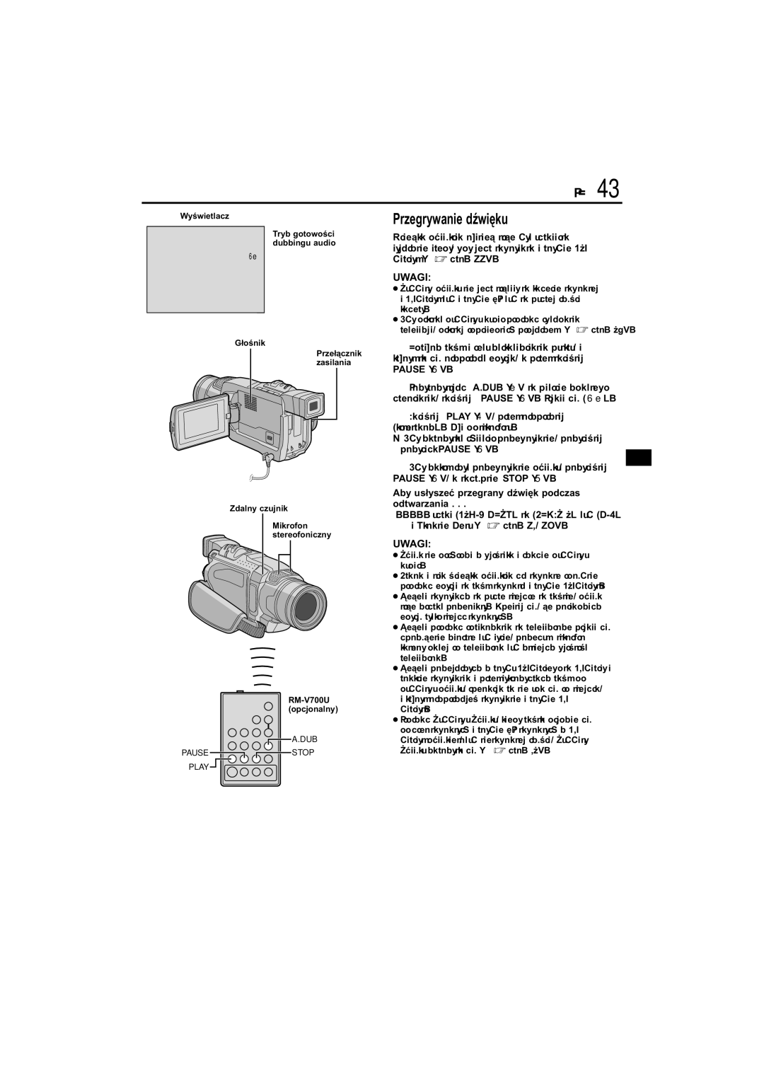 JVC GR-DVL145 manual Przegrywanie dźwięku, Aby usłyszeć przegrany dźwięk podczas odtwarzania 