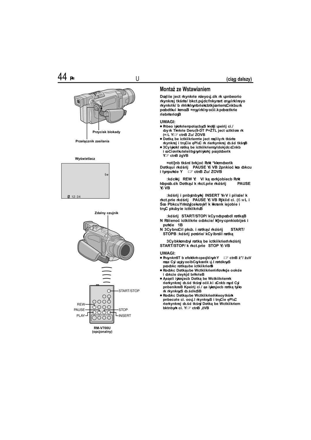 JVC GR-DVL145 manual 44 PO, Montaż ze Wstawianiem, Przycisk blokady Przełącznik zasilania Wyświetlacz 