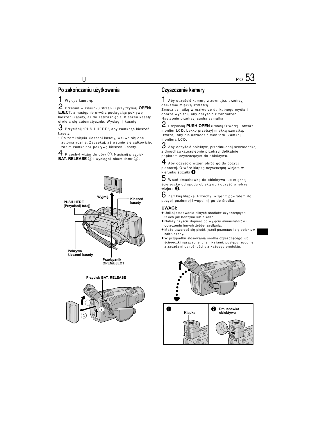 JVC GR-DVL145 manual Po zakończeniu użytkowania, Czyszczenie kamery, Wyjmij Kieszeń Push HEREkasety Przyciśnij tutaj 