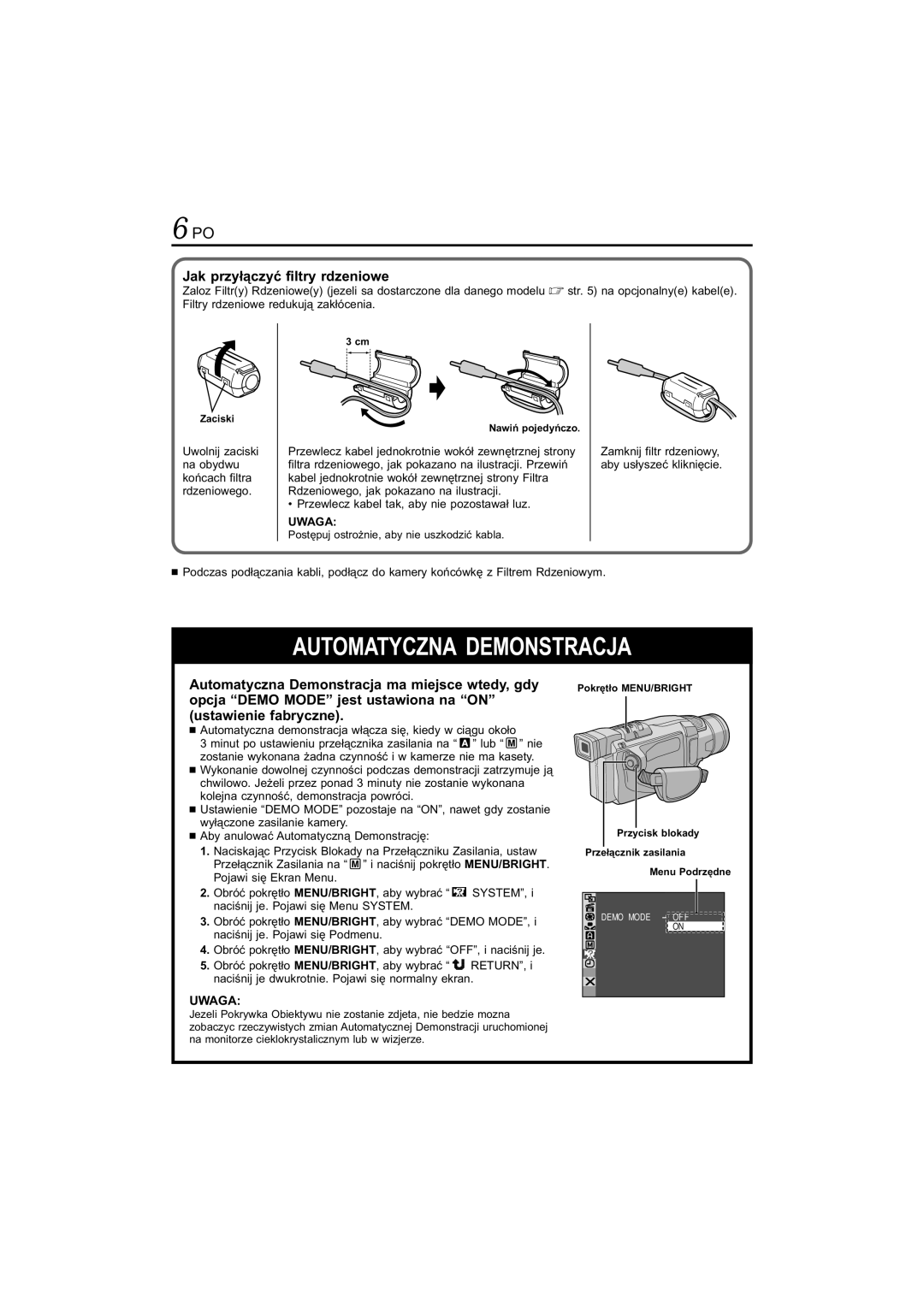 JVC GR-DVL145 manual Jak przyłączyć filtry rdzeniowe, Uwaga, Zaciski, Nawiń pojedyńczo 