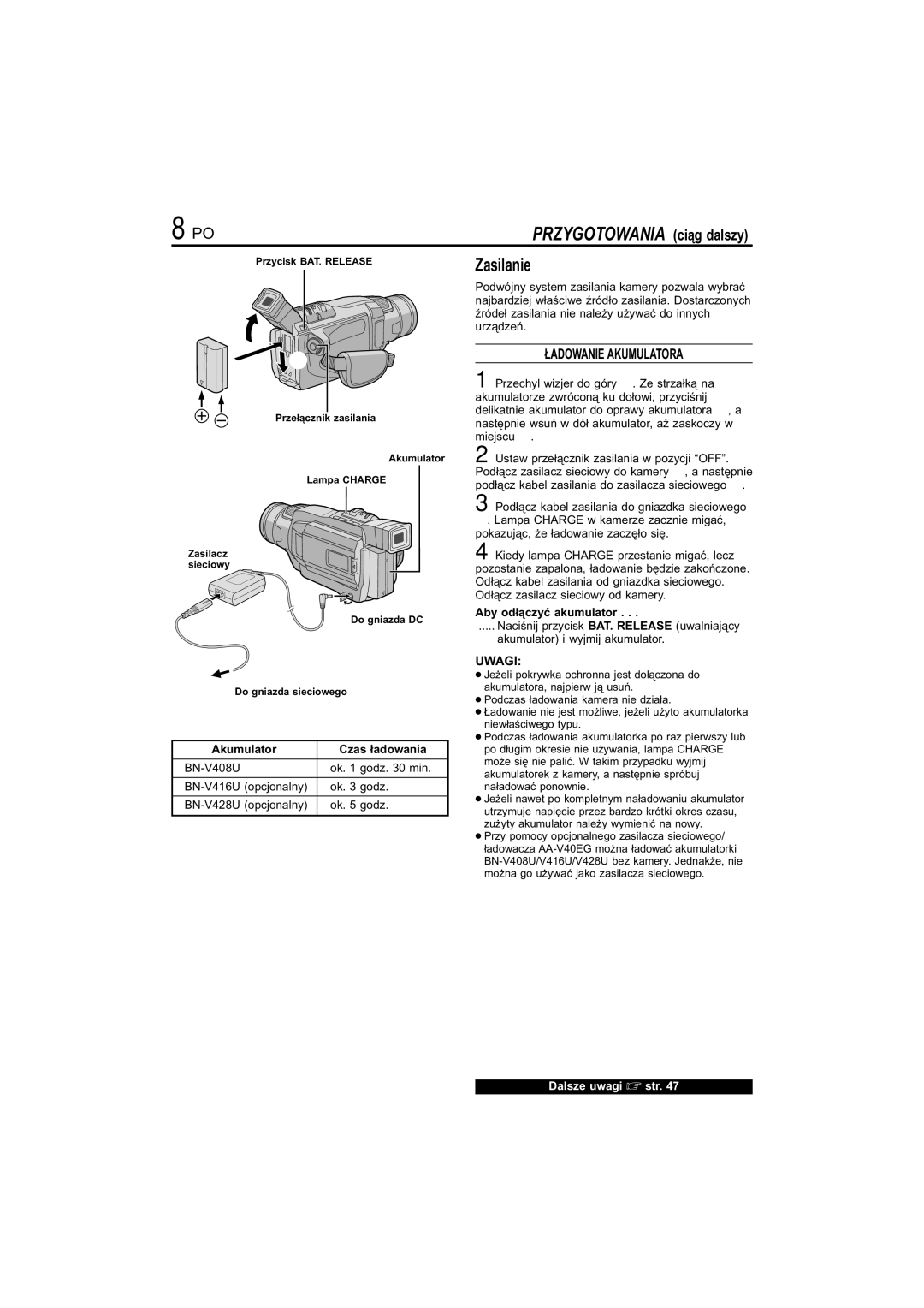 JVC GR-DVL145 Zasilanie, Ładowanie Akumulatora, Aby odłączyć akumulator, Akumulator Czas ładowania, Do gniazda sieciowego 