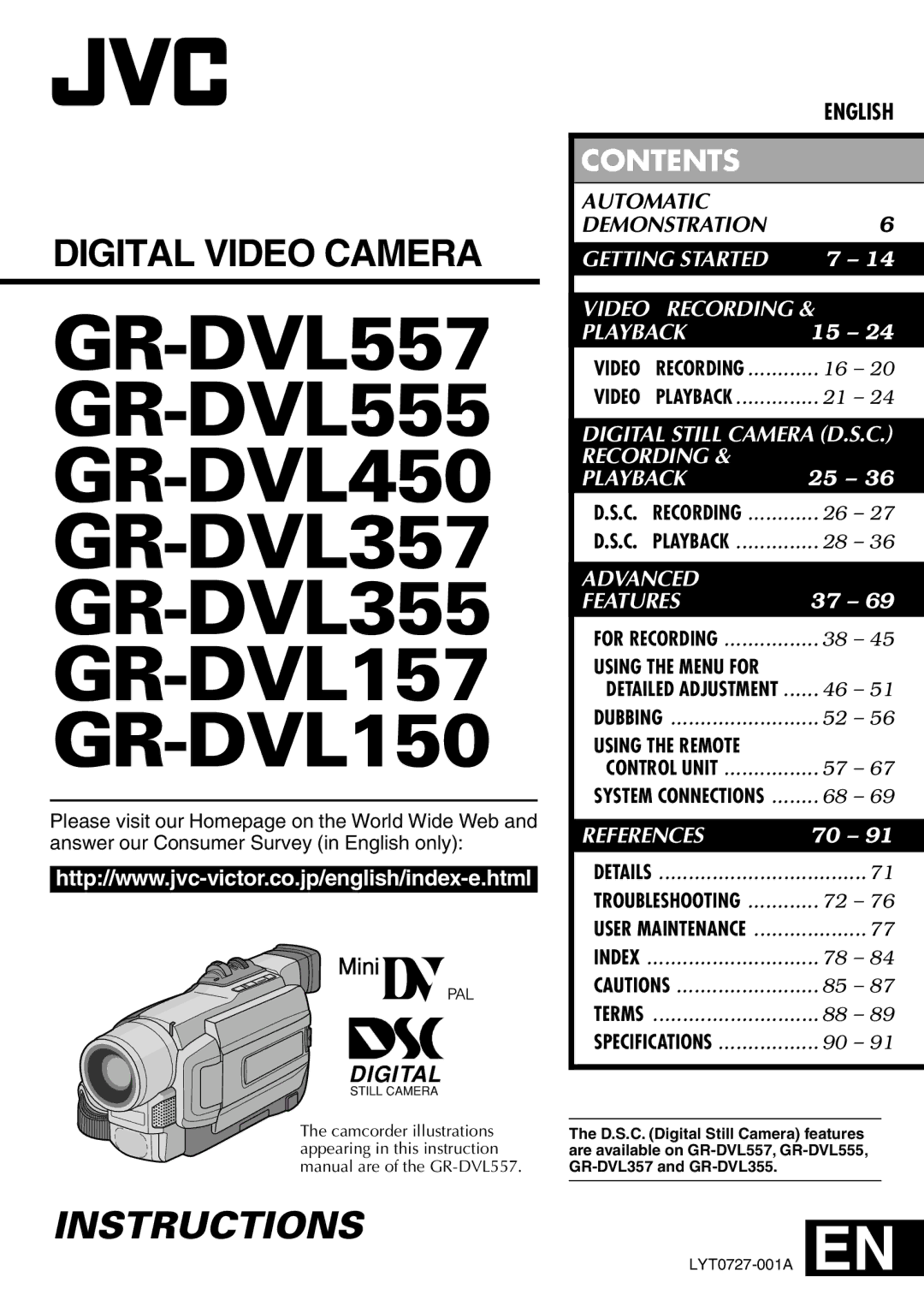 JVC GR-DVL157, GR-DVL150, GR-DVL557, GR-DVL555, GR-DVL450, GR-DVL355, GR-DVL357 specifications Instructions 