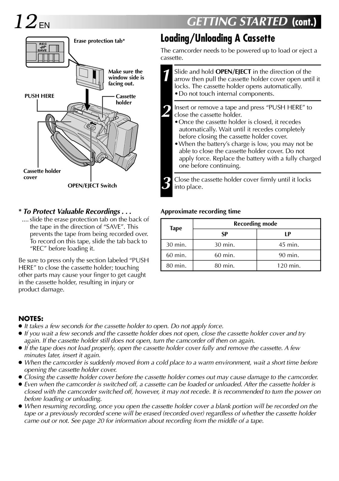 JVC GR-DVL355, GR-DVL150, GR-DVL157 12 EN, Loading/Unloading a Cassette, Holder, Cassette holder cover OPEN/EJECT Switch 