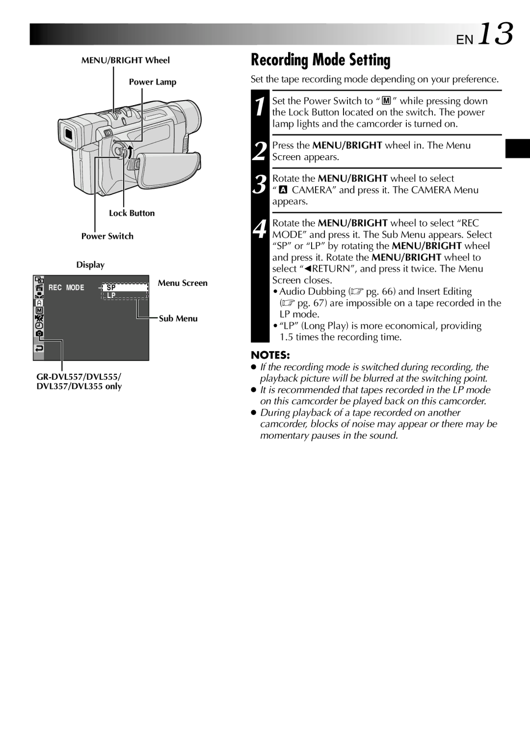 JVC GR-DVL357, GR-DVL150, GR-DVL157 Recording Mode Setting, EN13, Set the tape recording mode depending on your preference 