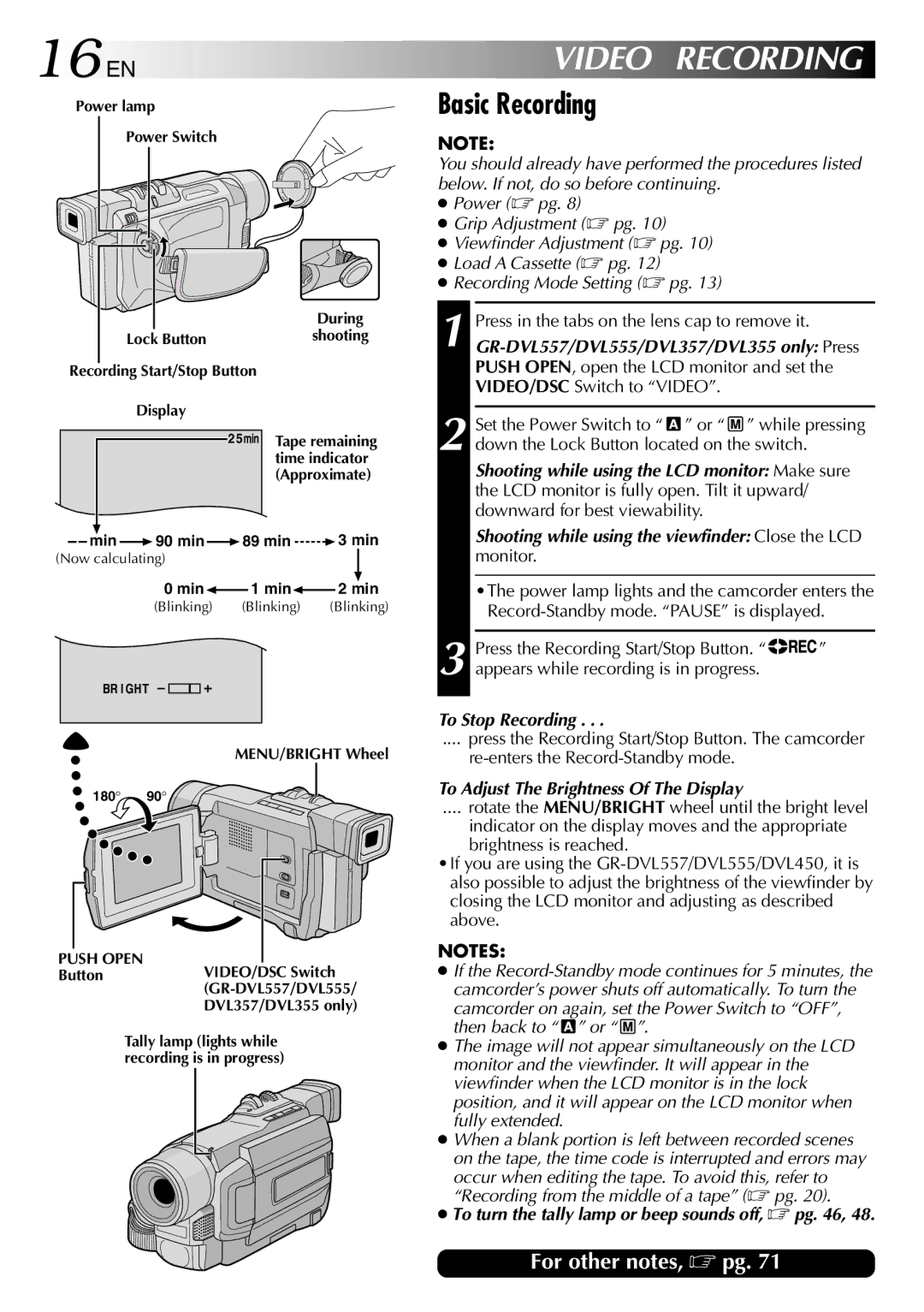 JVC GR-DVL557 16 EN, Video Recording, Basic Recording, To Stop Recording, To Adjust The Brightness Of The Display 