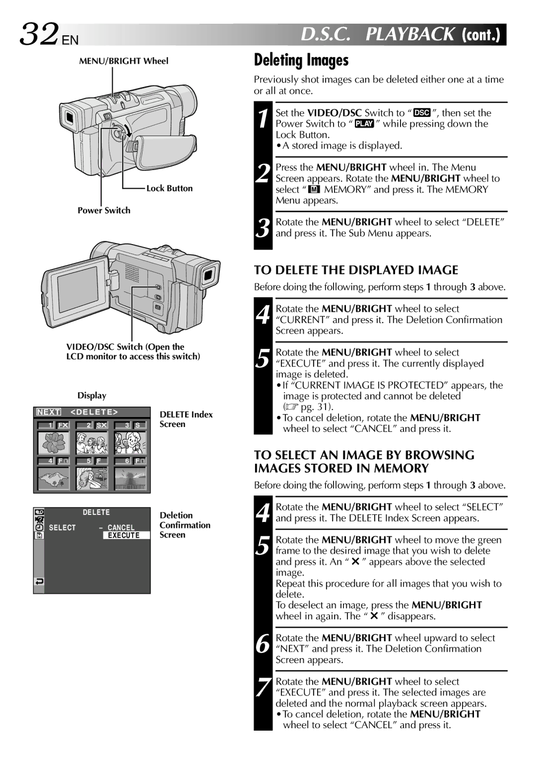 JVC GR-DVL450, GR-DVL150, GR-DVL157 32 EN, Deleting Images, To Delete the Displayed Image, To Select AN Image by Browsing 