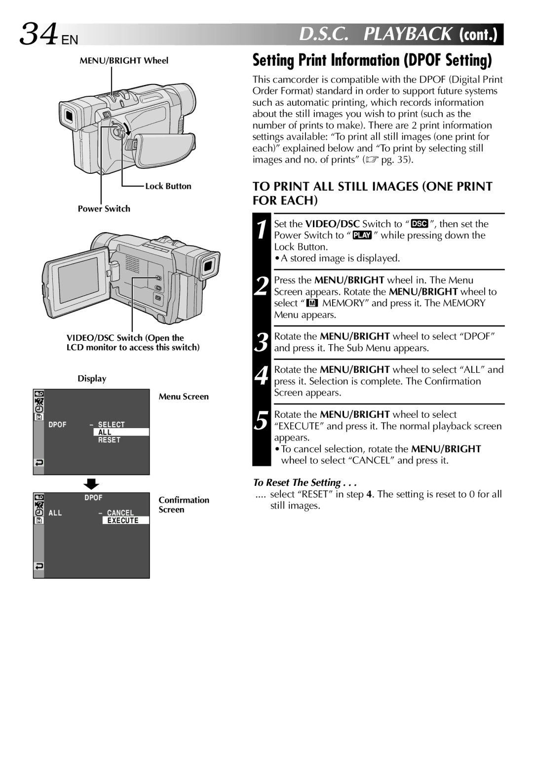 JVC GR-DVL357, GR-DVL150, GR-DVL157, GR-DVL557 34 EN, To Print ALL Still Images ONE Print for Each, To Reset The Setting 