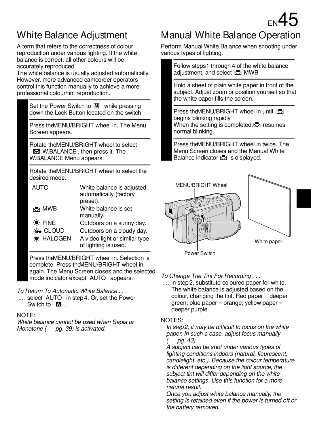 JVC GR-DVL555 White Balance Adjustment, Manual White Balance Operation, EN45, To Return To Automatic White Balance 