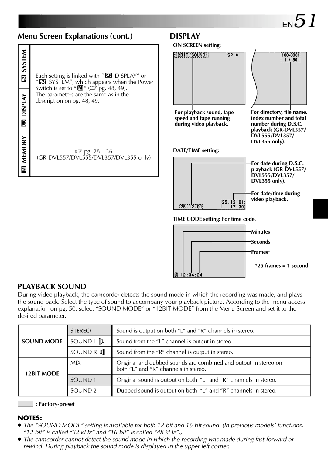 JVC GR-DVL557, GR-DVL150, GR-DVL157, GR-DVL555, GR-DVL450, GR-DVL355, GR-DVL357 specifications Display, EN51, Playback Sound 