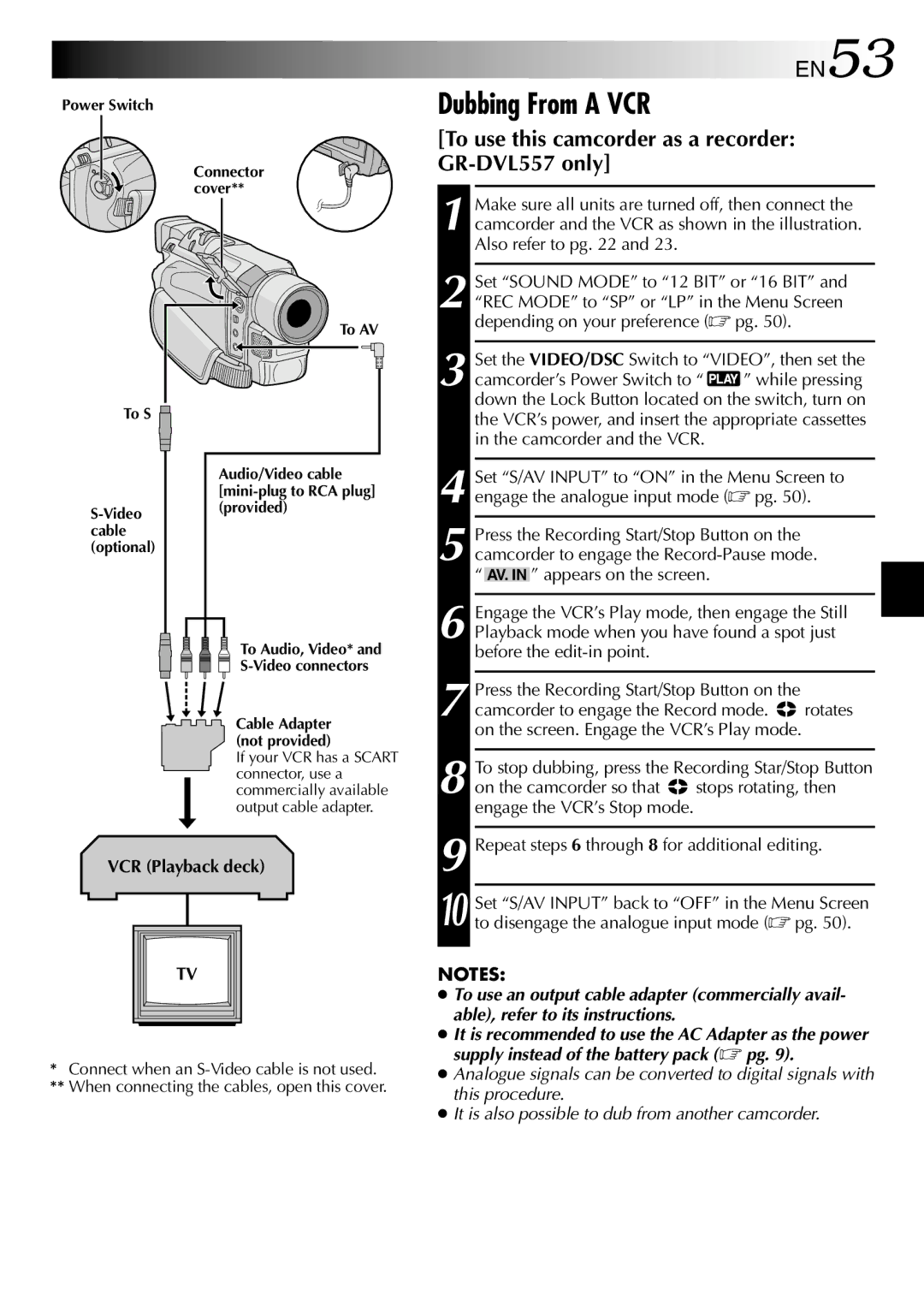 JVC GR-DVL450, GR-DVL150 Dubbing From a VCR, EN53, To use this camcorder as a recorder GR-DVL557 only, VCR Playback deck 