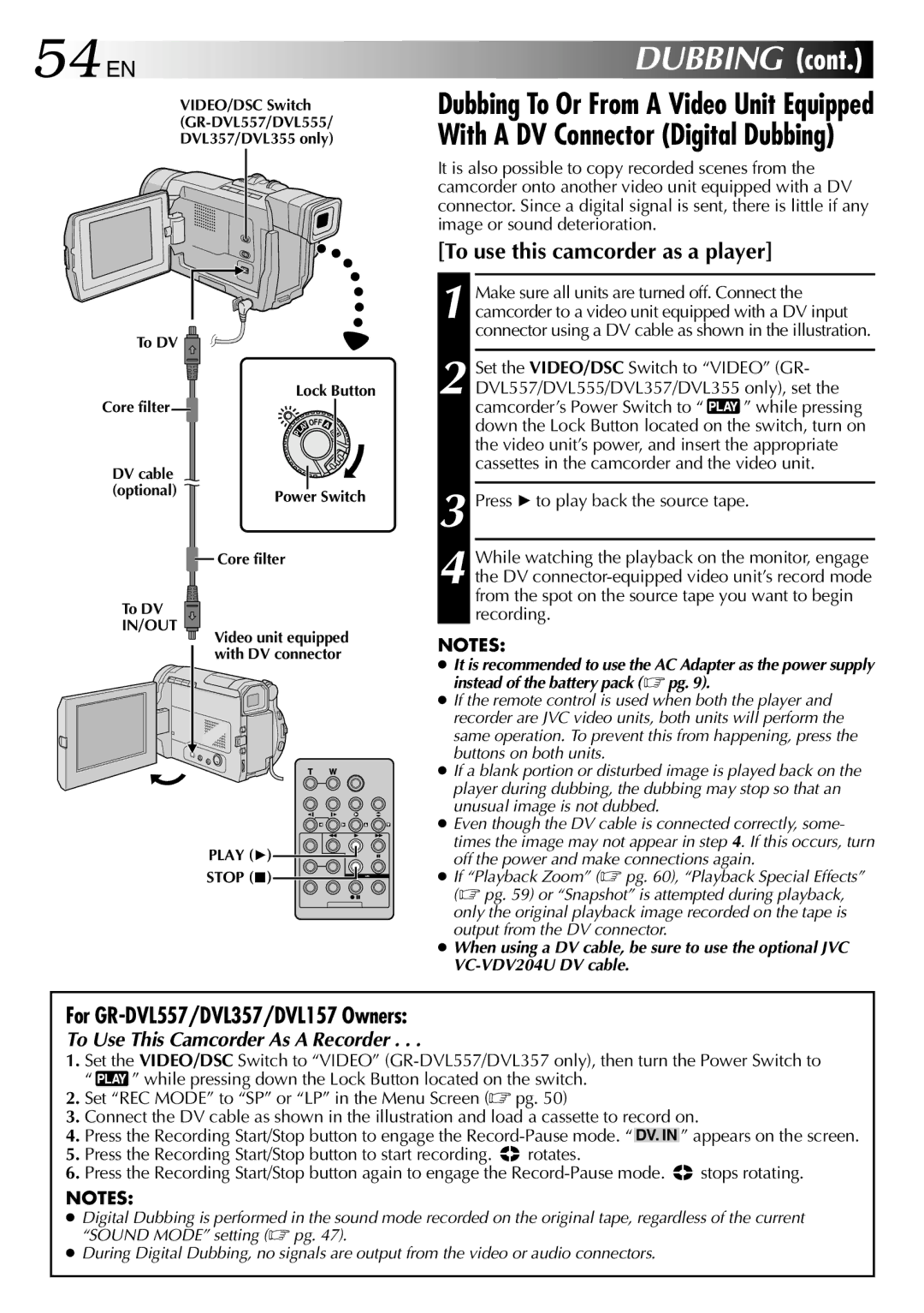 JVC GR-DVL355, GR-DVL150, GR-DVL157, GR-DVL555, GR-DVL450, GR-DVL357 specifications 54 EN, For GR-DVL557/DVL357/DVL157 Owners 