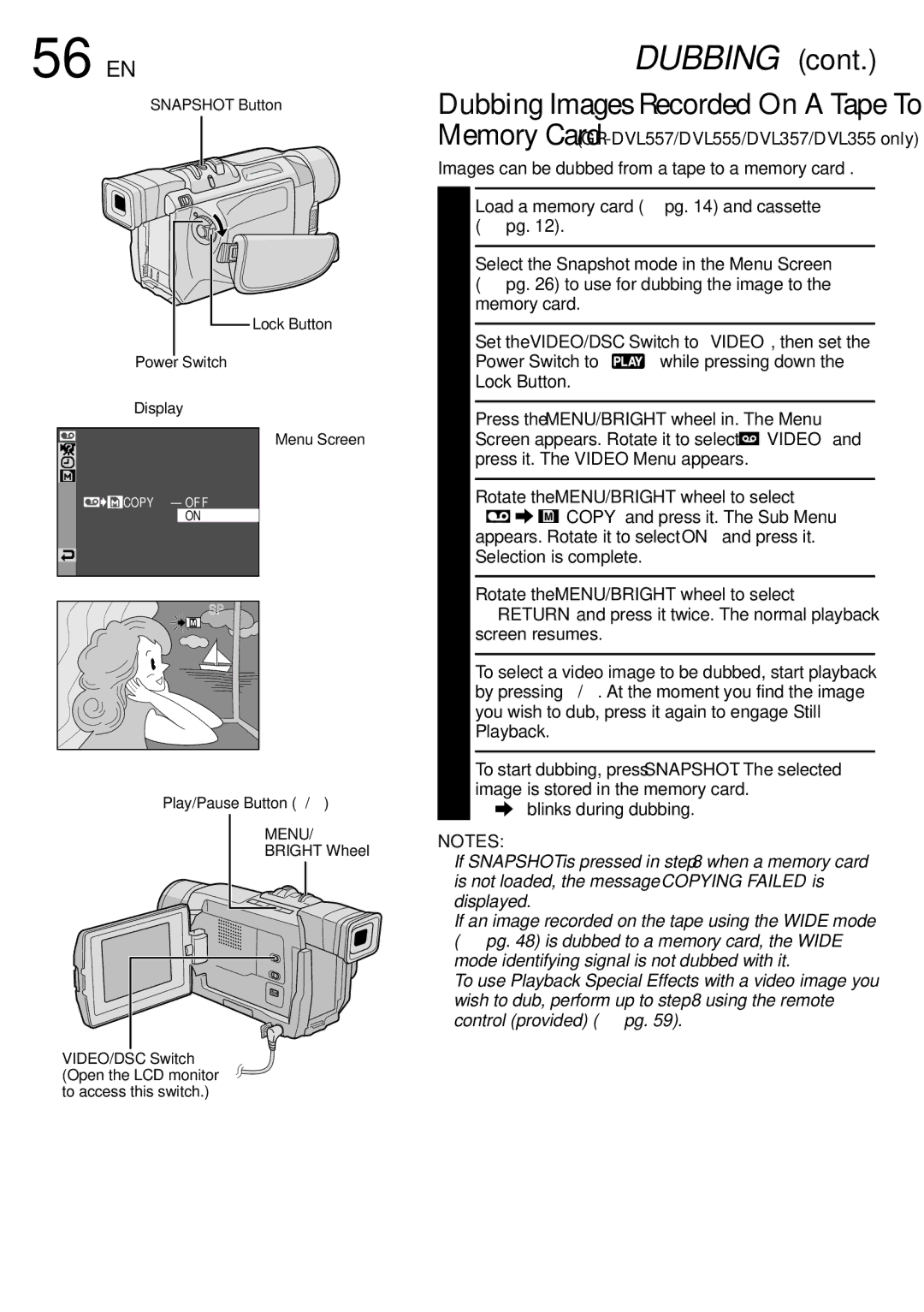 JVC GR-DVL150, GR-DVL157 56 EN, Dubbing Images Recorded On a Tape To a, Images can be dubbed from a tape to a memory card 