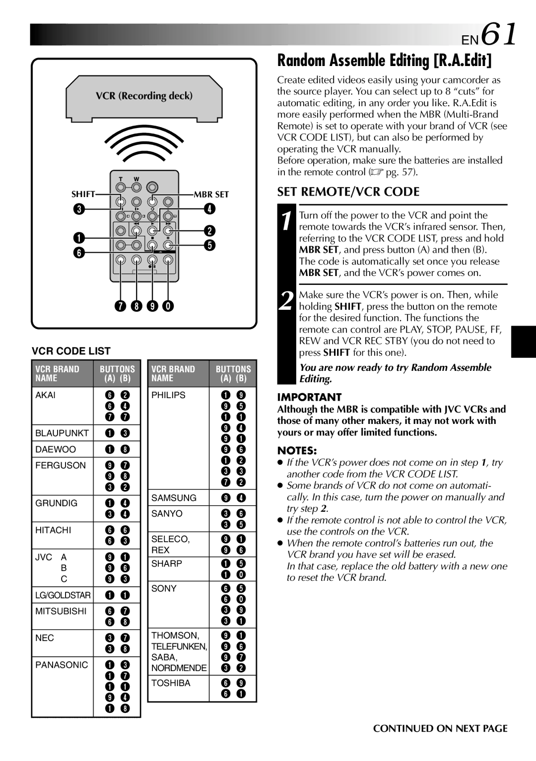 JVC GR-DVL355, GR-DVL150, GR-DVL157, GR-DVL557, GR-DVL555, GR-DVL450, GR-DVL357 EN61, SET REMOTE/VCR Code, VCR Recording deck 