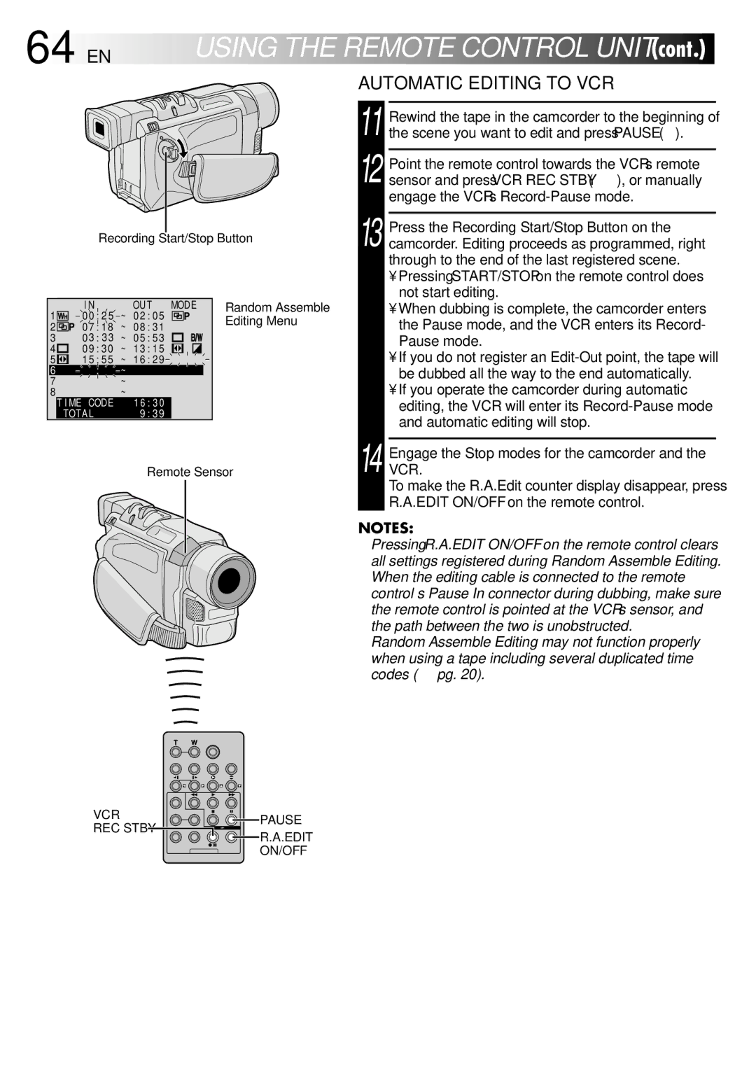 JVC GR-DVL157, GR-DVL150, GR-DVL557, GR-DVL555, GR-DVL450, GR-DVL355, GR-DVL357 specifications 64 EN, Automatic Editing to VCR 