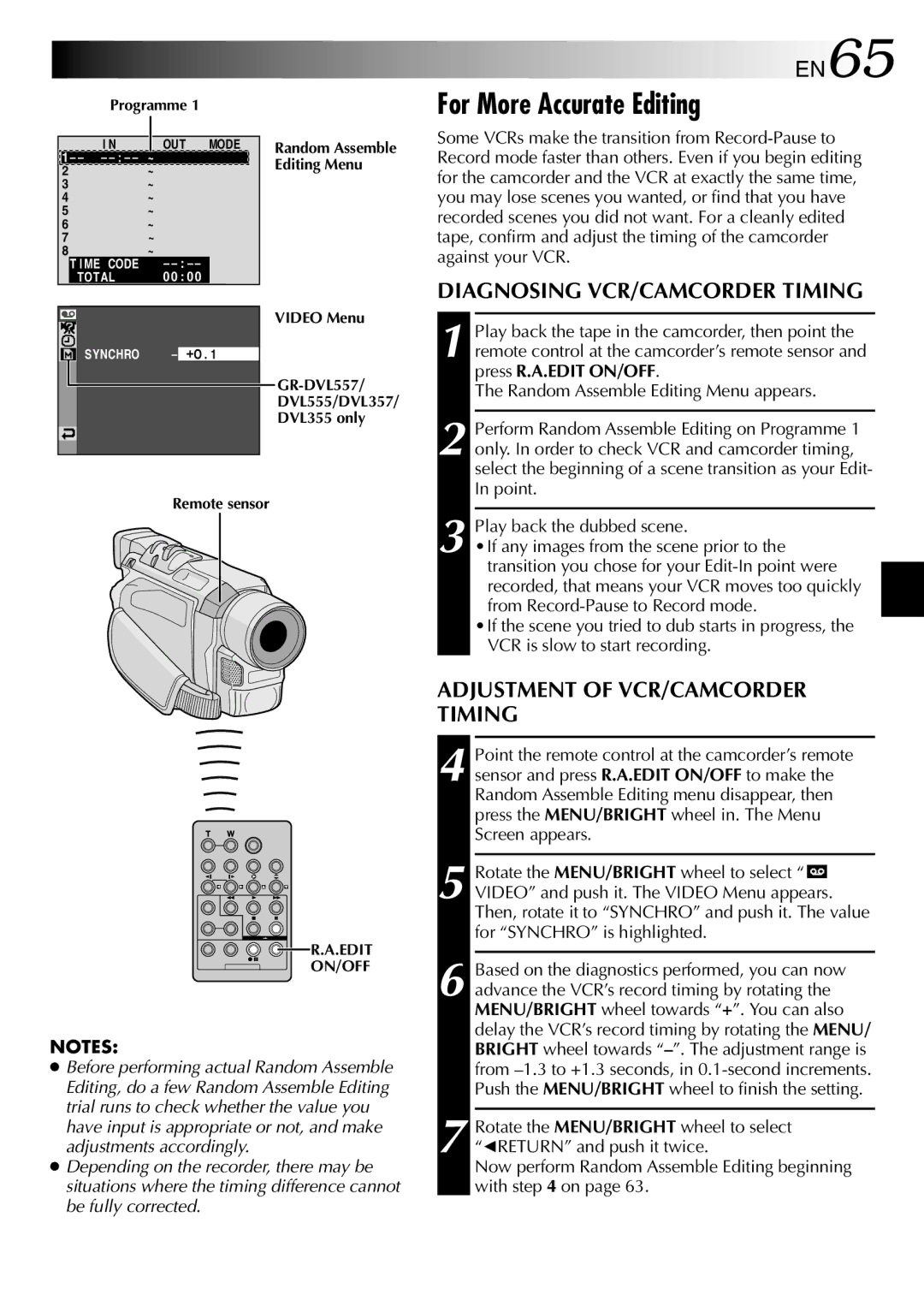 JVC GR-DVL557 For More Accurate Editing, EN65, Diagnosing VCR/CAMCORDER Timing, Adjustment of VCR/CAMCORDER Timing 