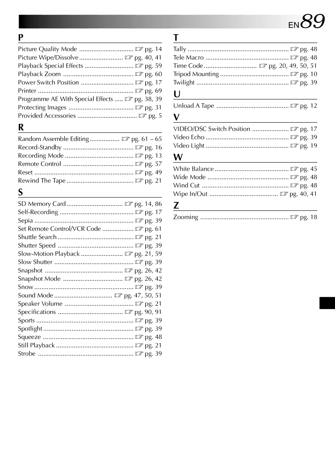 JVC GR-DVL355, GR-DVL150, GR-DVL157, GR-DVL557, GR-DVL555, GR-DVL450, GR-DVL357 specifications EN89, Time Code  pg , 49, 50 