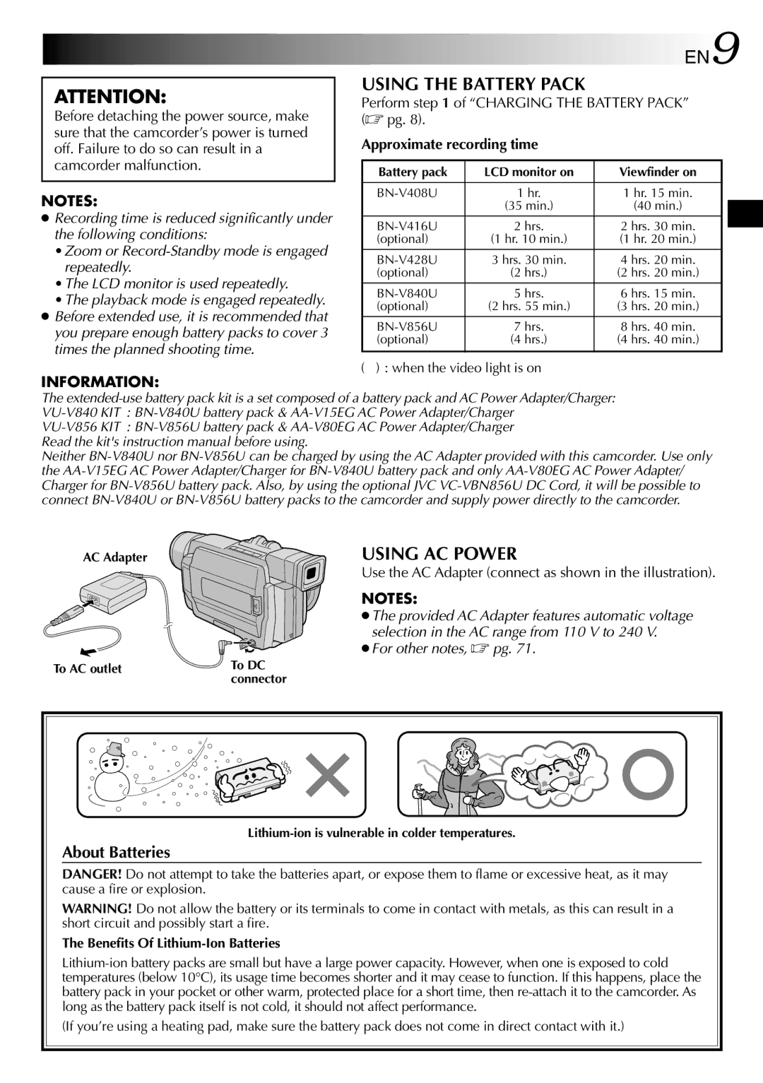 JVC GR-DVL557, GR-DVL150, GR-DVL157 Using the Battery Pack, Using AC Power, About Batteries, Approximate recording time 