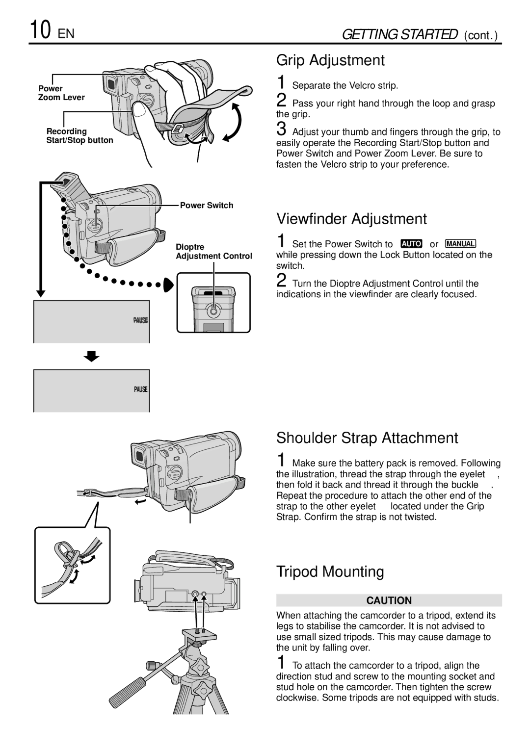 JVC GR-DVL155 specifications 10 EN, Grip Adjustment, Viewfinder Adjustment, Shoulder Strap Attachment, Tripod Mounting 