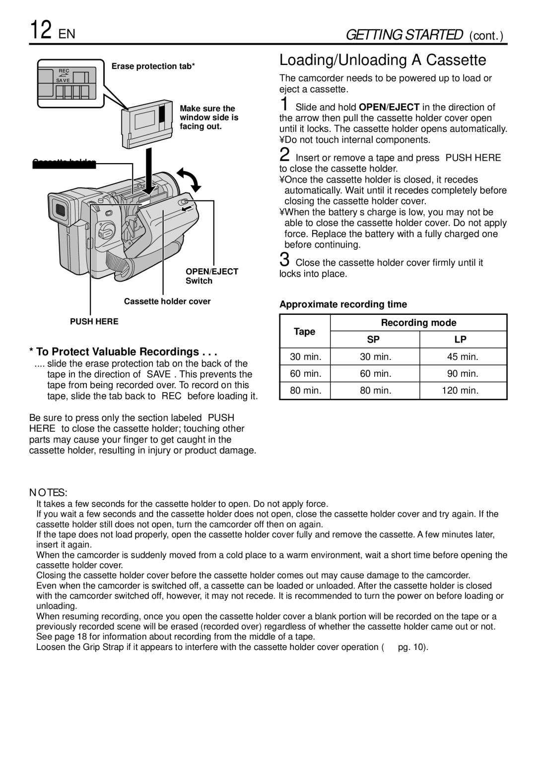 JVC GR-DVL155 specifications 12 EN, Loading/Unloading a Cassette, Approximate recording time Tape Recording mode 