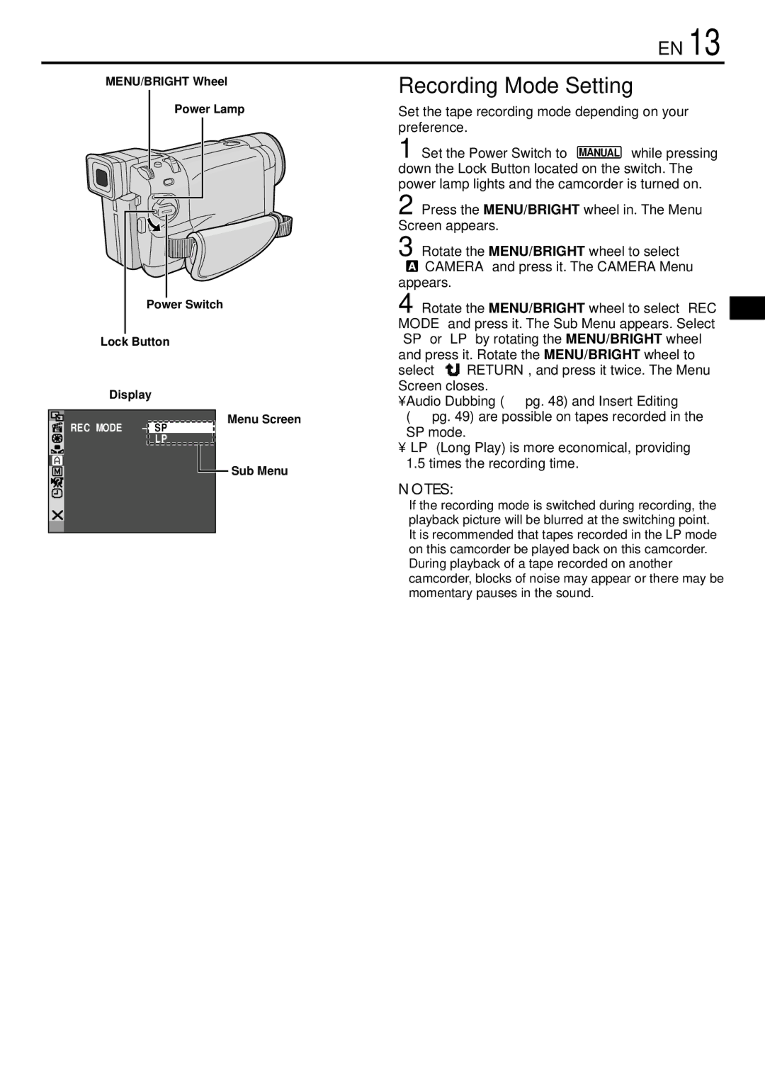 JVC GR-DVL155 specifications Recording Mode Setting, Set the tape recording mode depending on your preference 