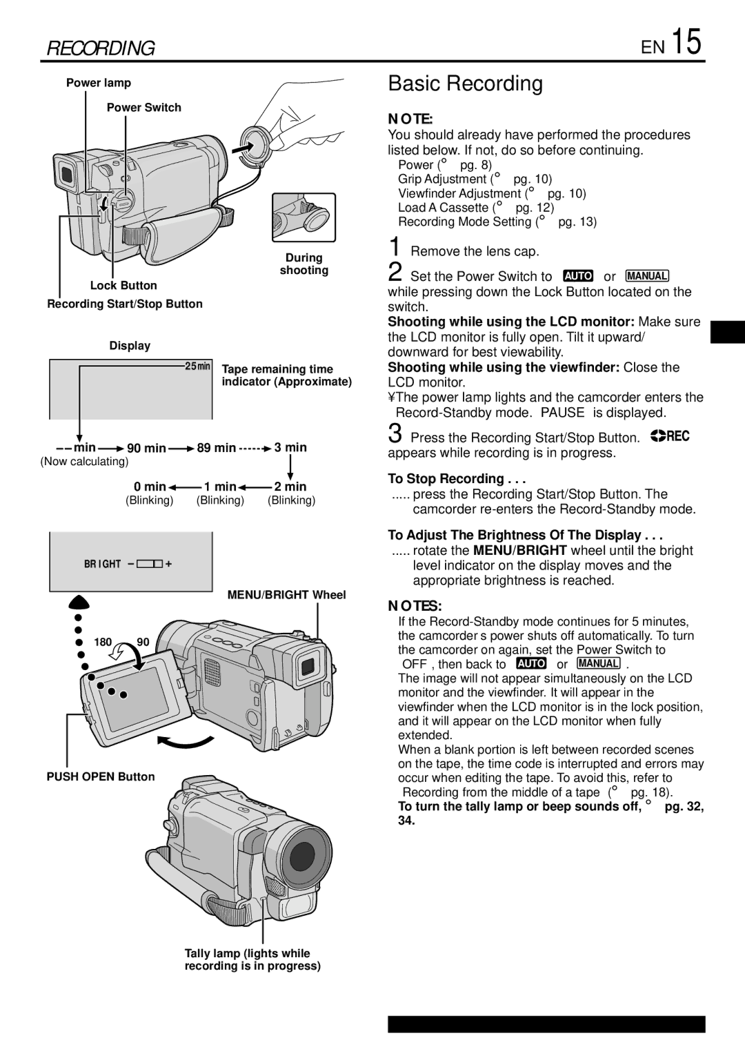 JVC GR-DVL155 specifications Basic Recording, Remove the lens cap Set the Power Switch to, To Stop Recording 