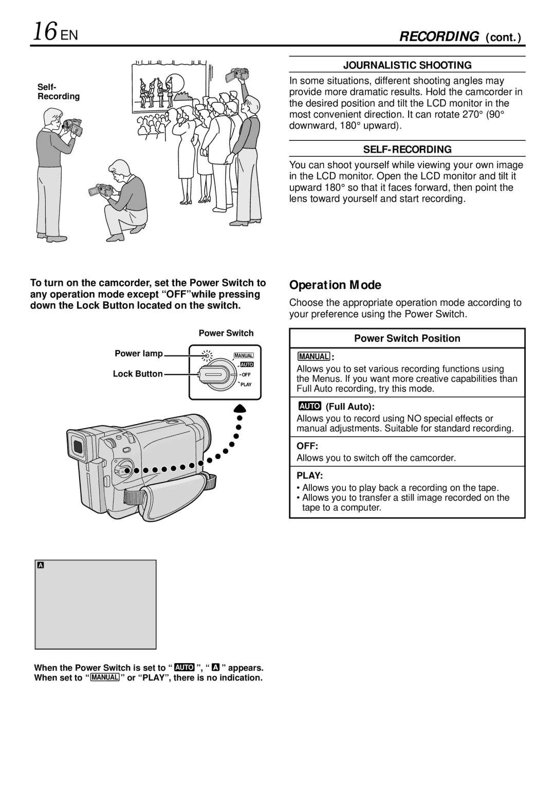 JVC GR-DVL155 specifications 16 EN, Operation Mode, Journalistic Shooting, Self-Recording, Power Switch Position 