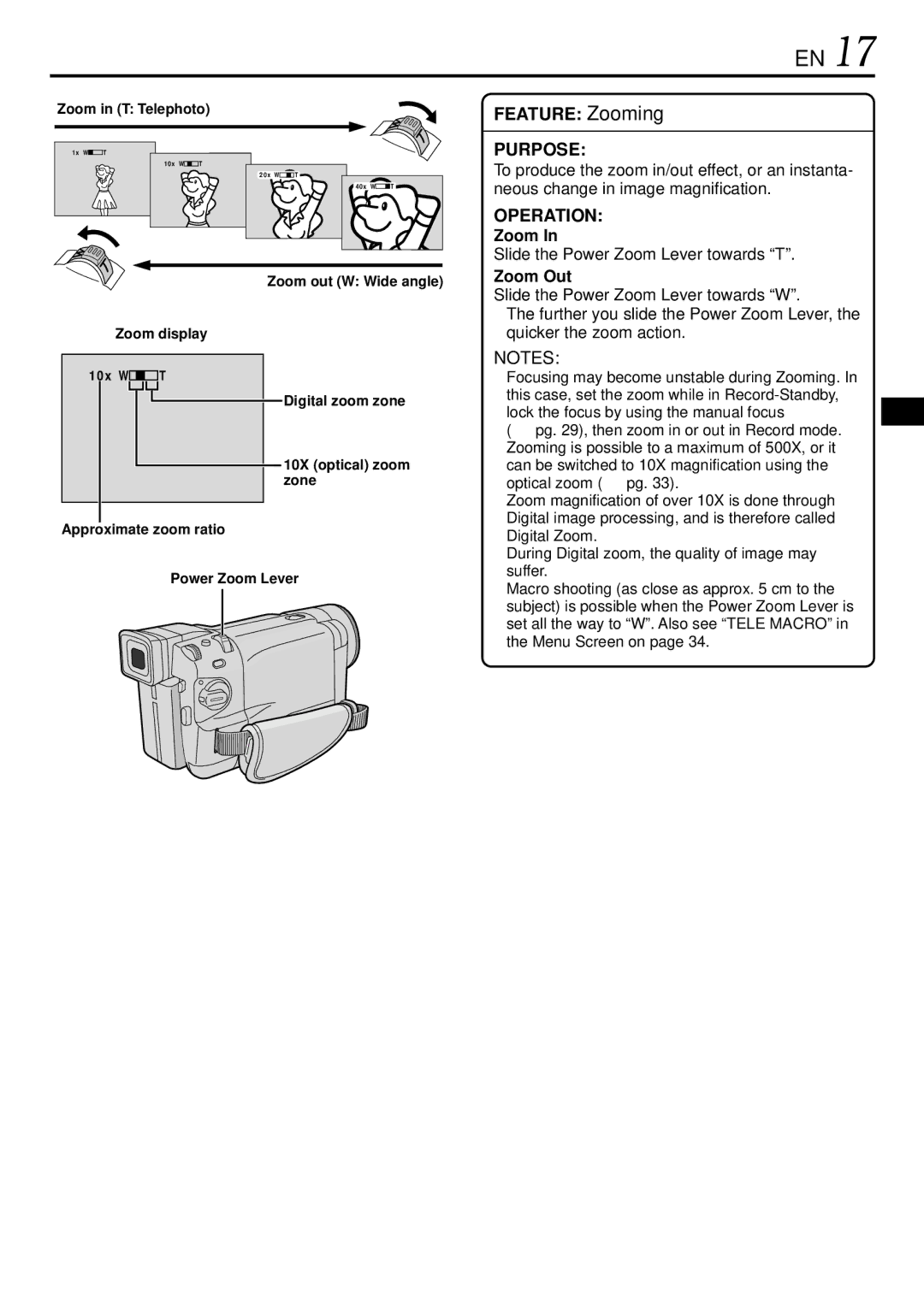 JVC GR-DVL155 specifications Slide the Power Zoom Lever towards T, Zoom Out 