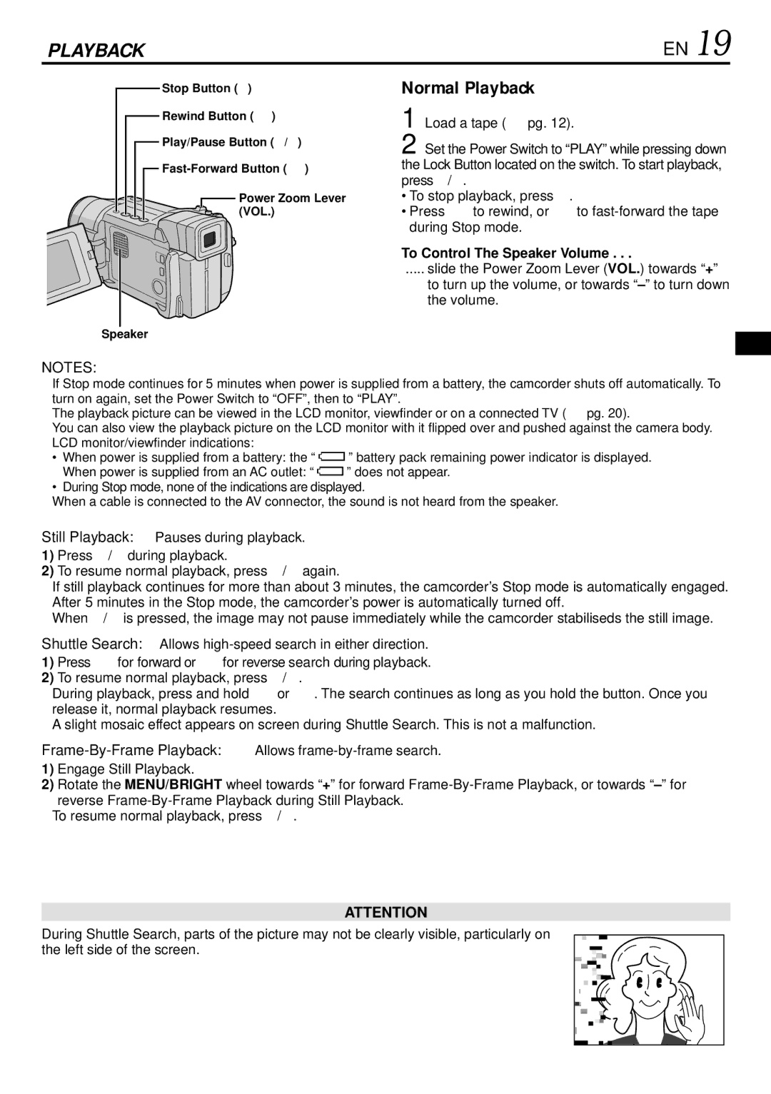 JVC GR-DVL155 specifications Normal Playback, To Control The Speaker Volume 