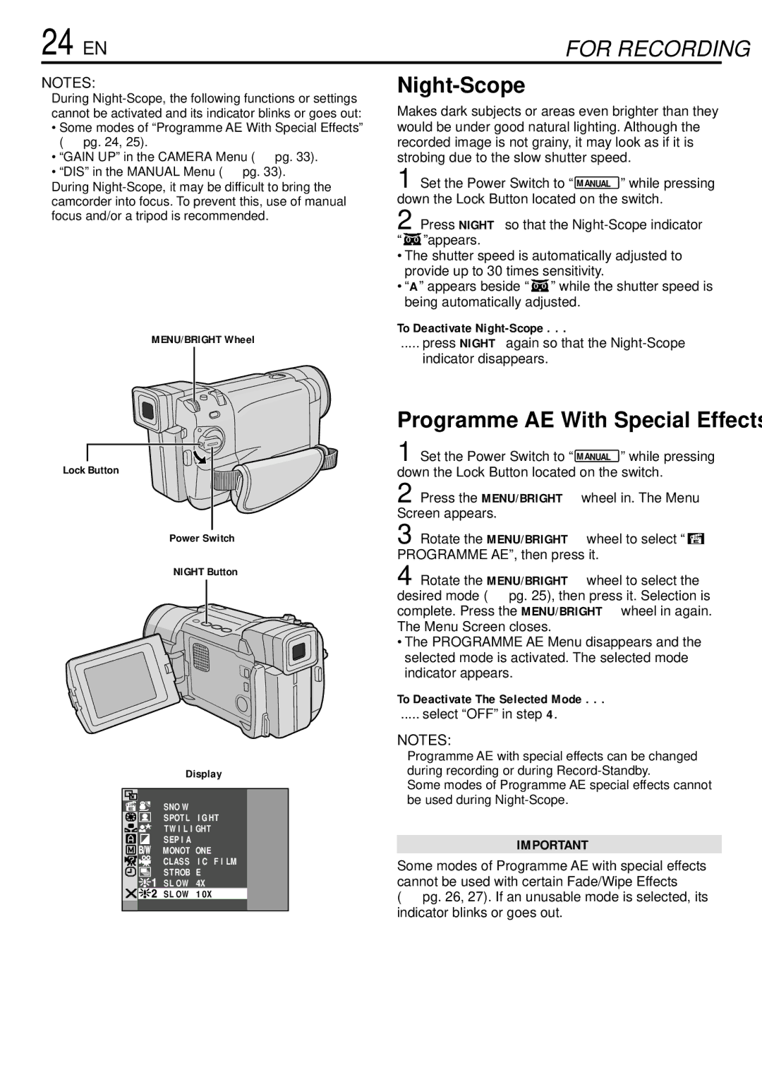 JVC GR-DVL155 specifications 24 EN, To Deactivate Night-Scope, To Deactivate The Selected Mode, Select OFF in step 