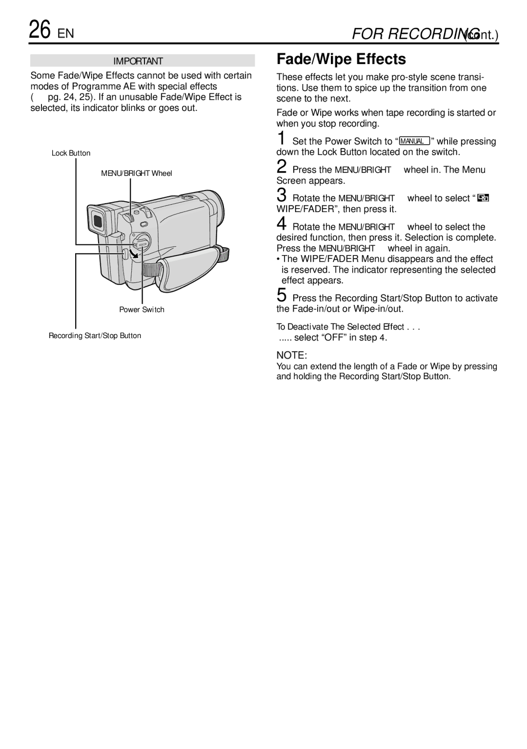 JVC GR-DVL155 specifications 26 EN, Fade/Wipe Effects, To Deactivate The Selected Effect 