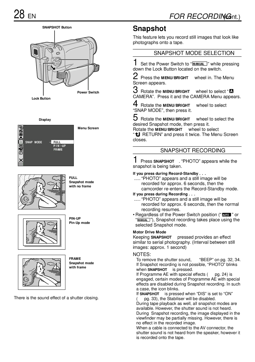 JVC GR-DVL155 specifications 28 EN, Snapshot Mode Selection, Snapshot Recording 