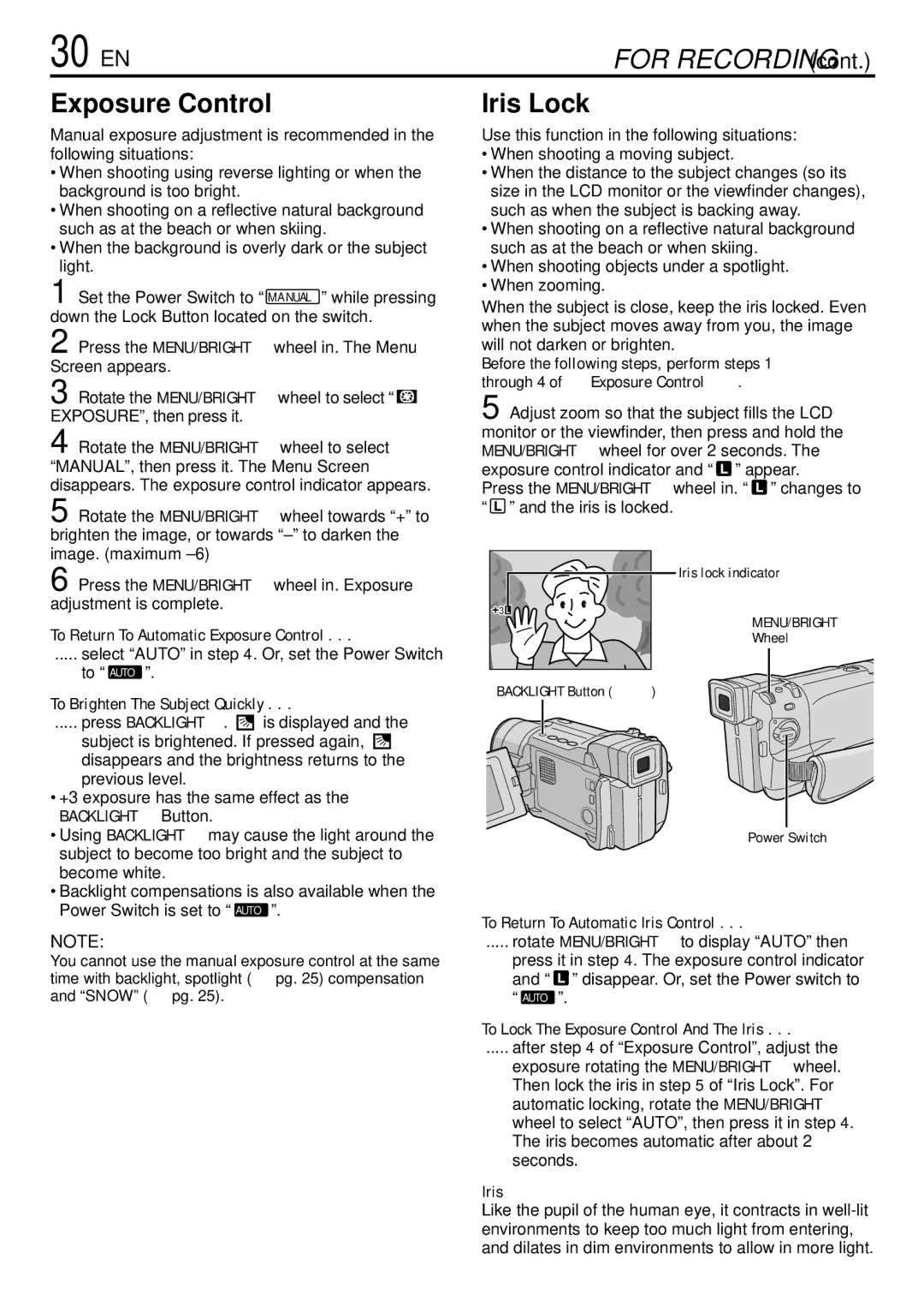 JVC GR-DVL155 specifications 30 EN, Exposure Control, Iris Lock 