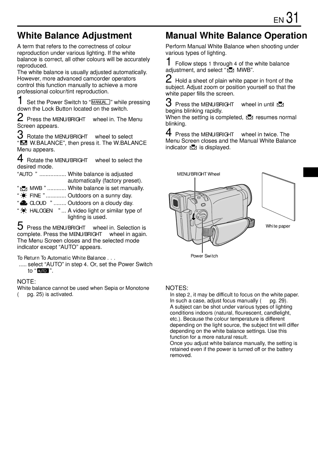 JVC GR-DVL155 specifications White Balance Adjustment, Manual White Balance Operation, Cloud, Halogen 