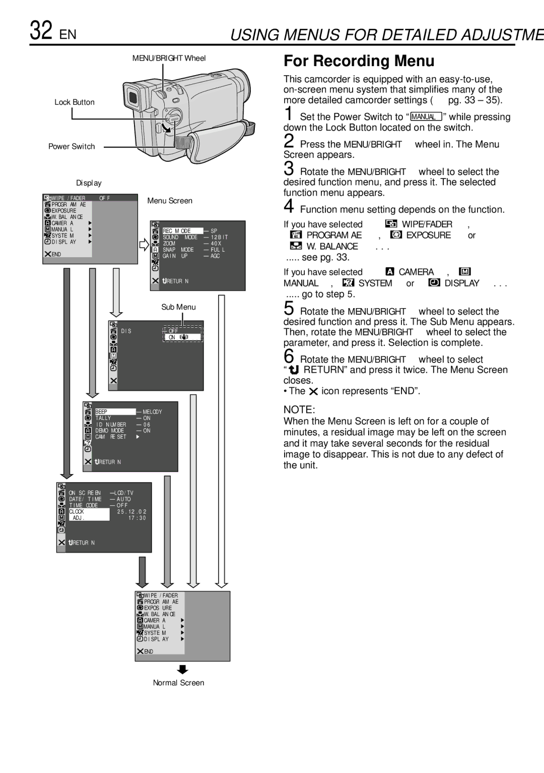 JVC GR-DVL155 specifications 32 EN, For Recording Menu, Wipe/Fader, Program AE 