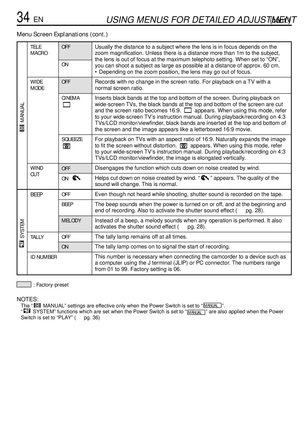 JVC GR-DVL155 Manual System Tele OFF, Macro, Wide OFF, Cinema, Squeeze, Wind OFF, Cut, Beep, Melody, Tally OFF, ID Number 