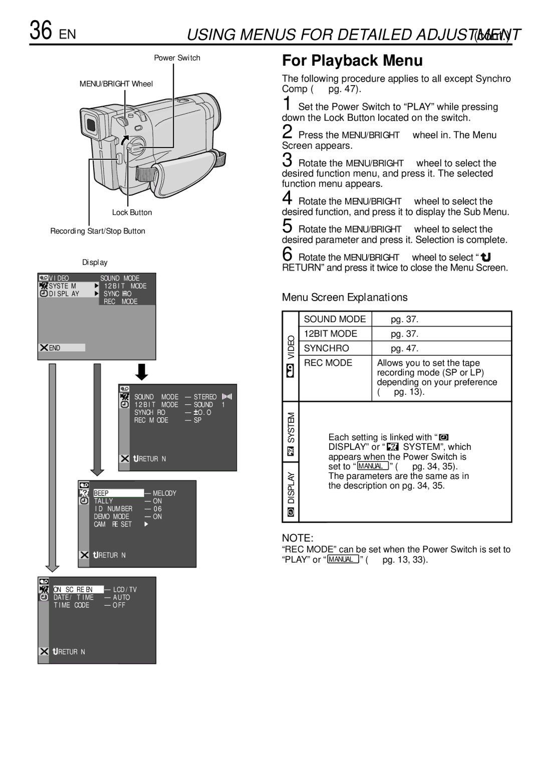 JVC GR-DVL155 specifications 36 EN, For Playback Menu, Following procedure applies to all except Synchro Comp  pg 