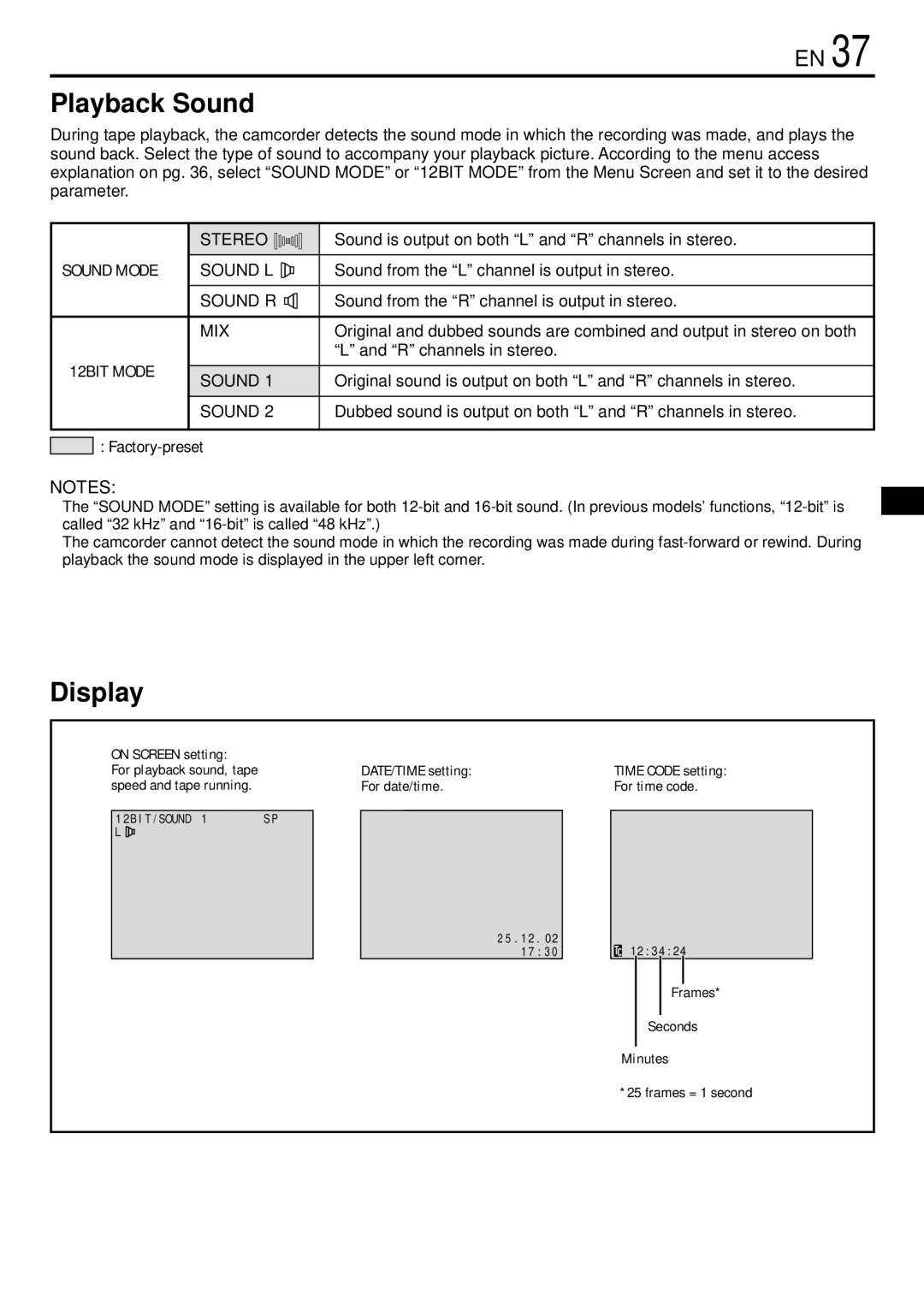 JVC GR-DVL155 specifications Playback Sound, Display, Sound Mode 