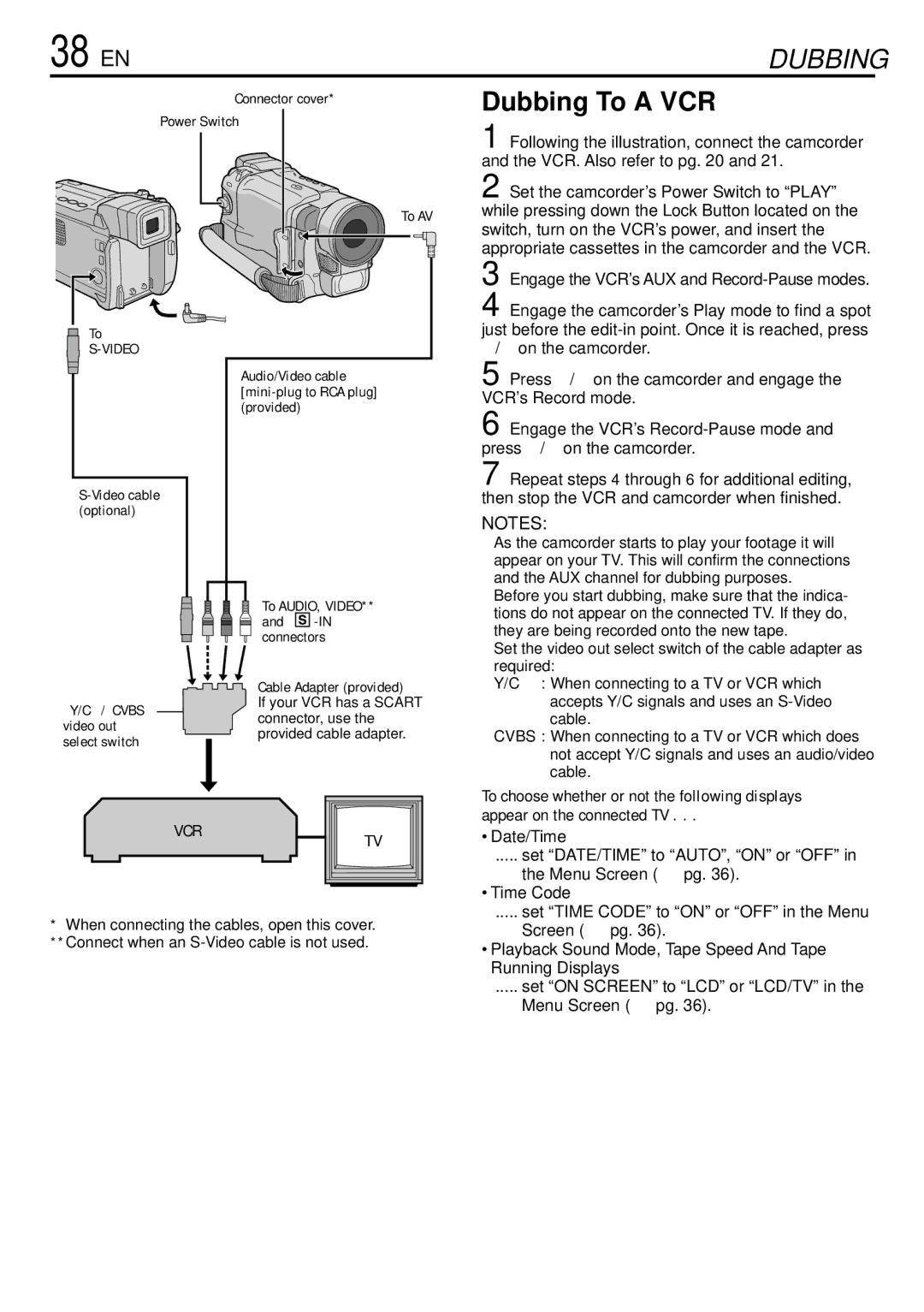 JVC GR-DVL155 specifications 38 EN, Dubbing To a VCR 