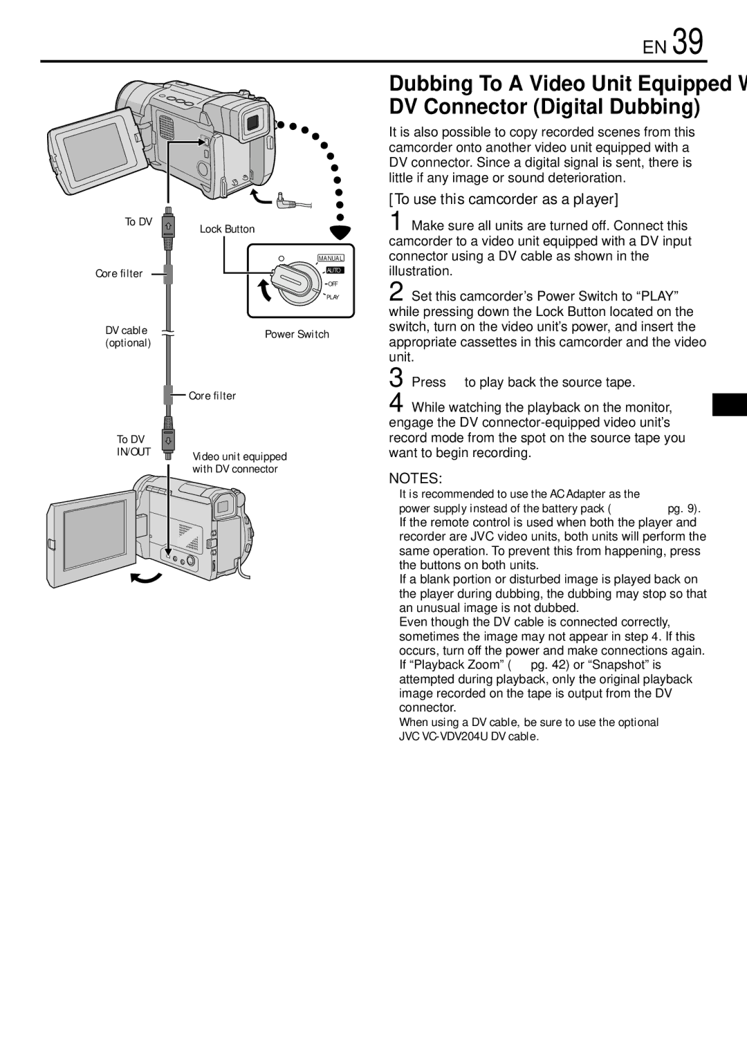 JVC GR-DVL155 specifications To use this camcorder as a player 