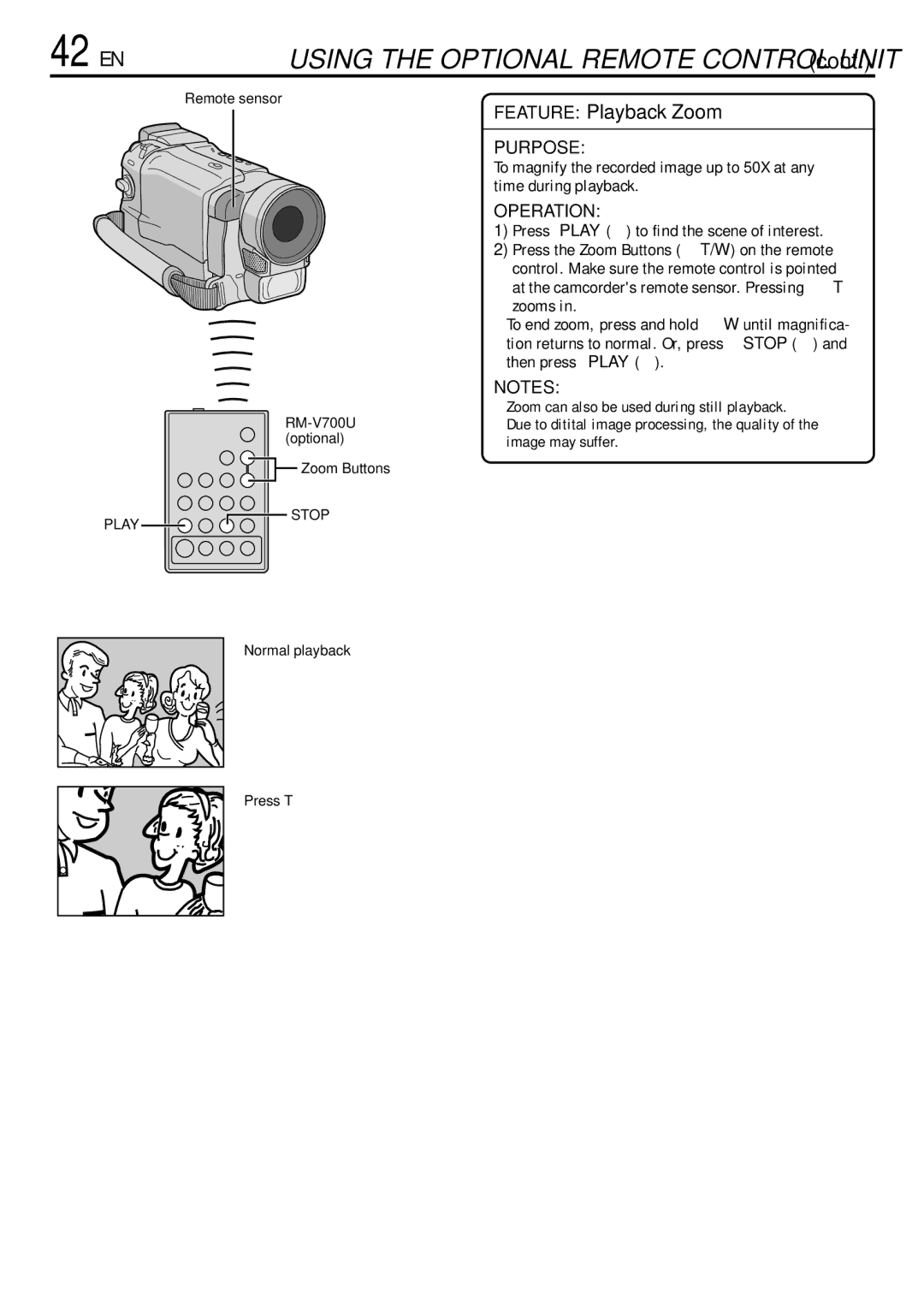 JVC GR-DVL155 specifications 42 EN, Using the Optional Remote Control Unit 