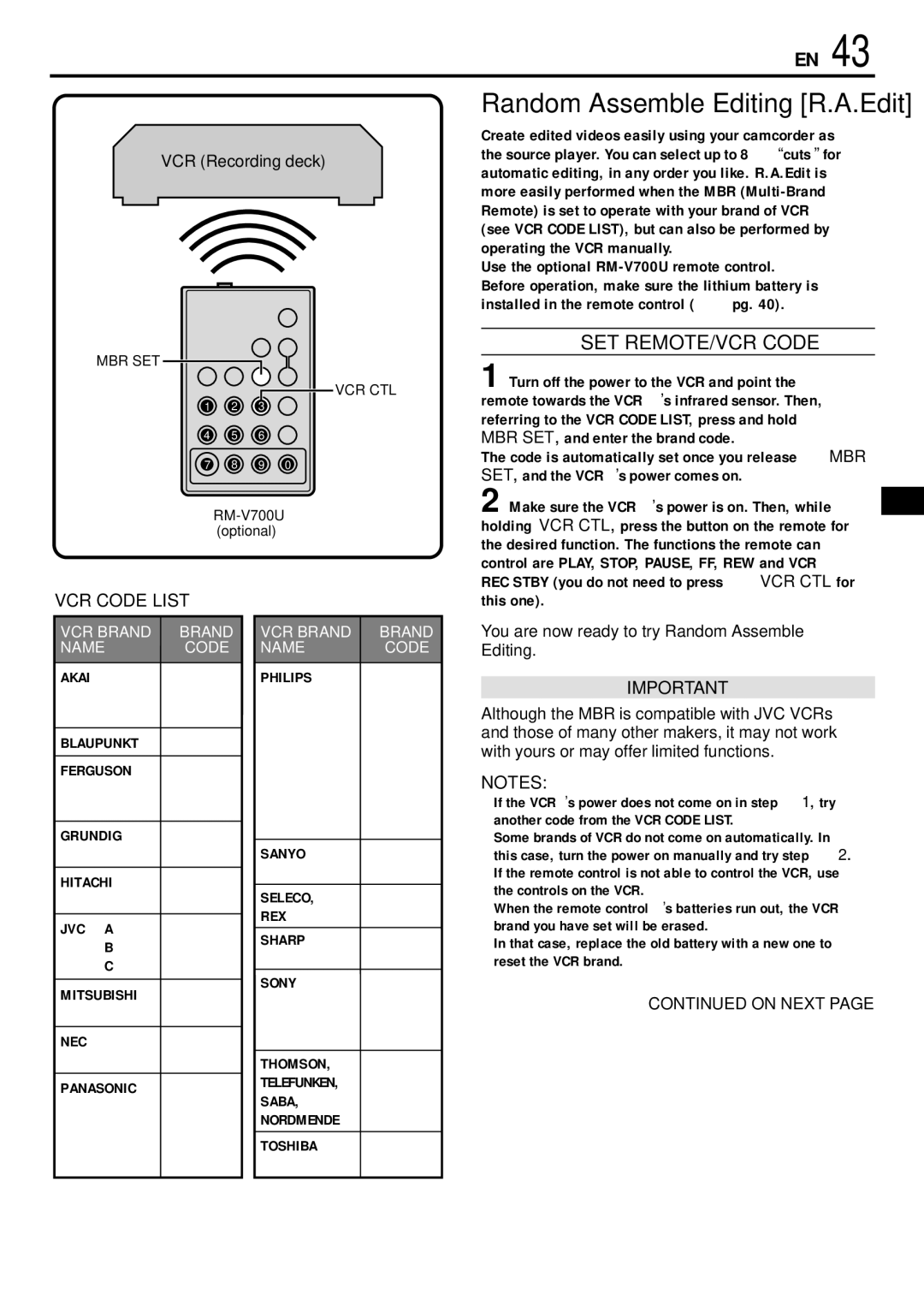 JVC GR-DVL155 specifications SET REMOTE/VCR Code, VCR Recording deck, This one 