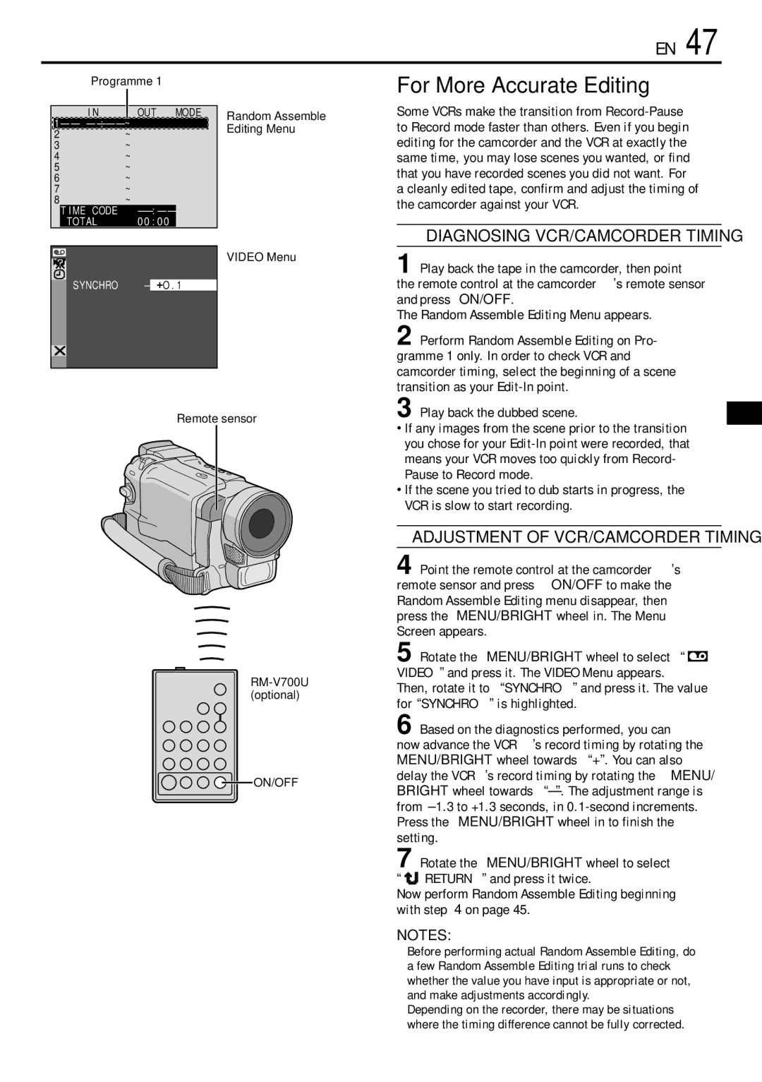 JVC GR-DVL155 specifications For More Accurate Editing, Diagnosing VCR/CAMCORDER Timing, Adjustment of VCR/CAMCORDER Timing 