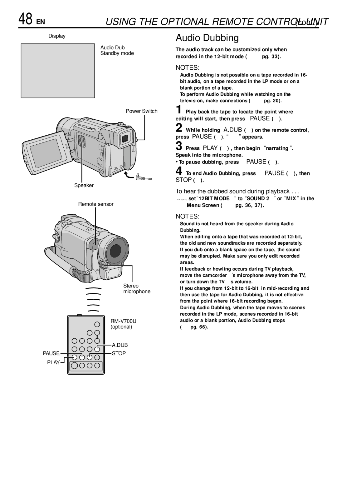 JVC GR-DVL155 specifications 48 EN, Audio Dubbing, To hear the dubbed sound during playback 