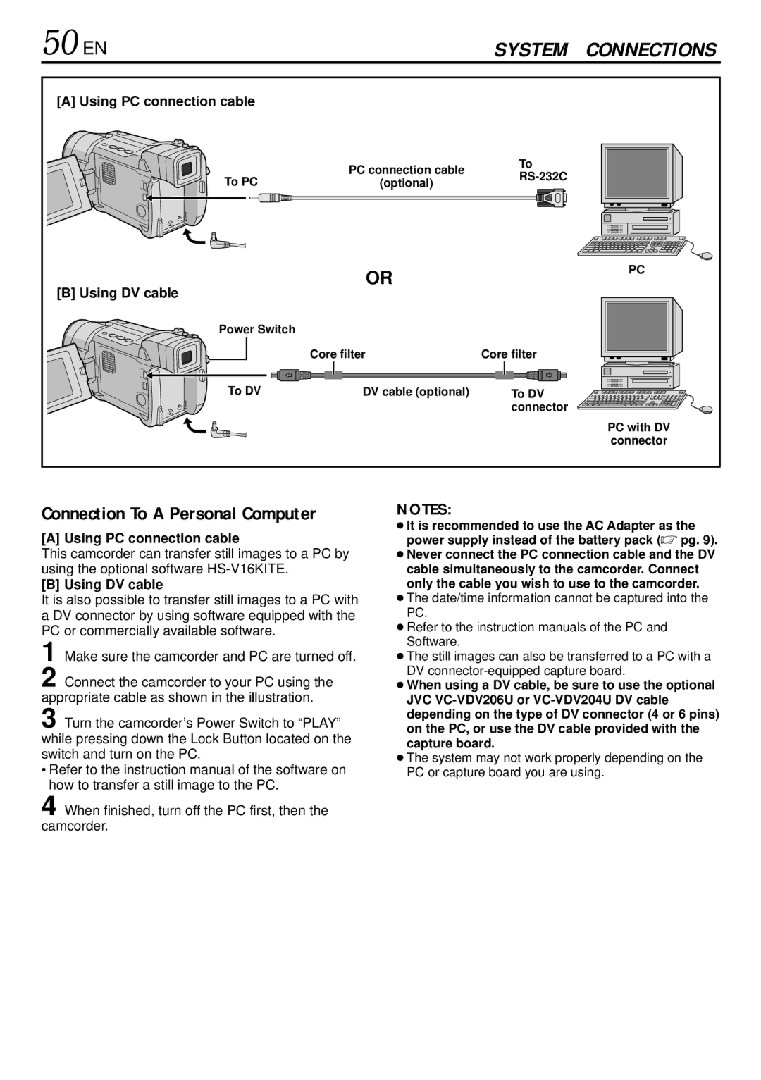 JVC GR-DVL155 specifications 50 EN, Using PC connection cable, Using DV cable 