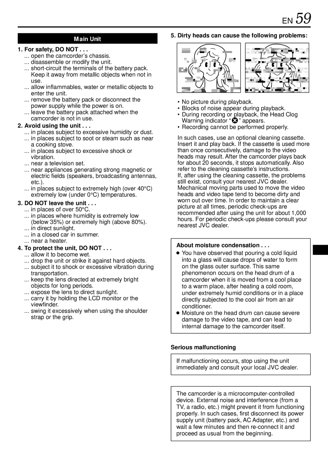 JVC GR-DVL155 specifications For safety, do not, Avoid using the unit, Do not leave the unit, To protect the unit, do not 